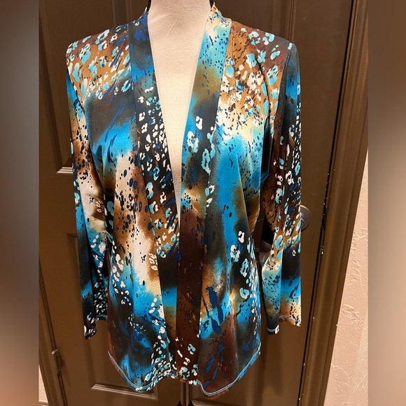 Ashli Couture Brown & Blue Artsy Print Open Front Slinky Travel Knit Jacket - Picture 1 of 5